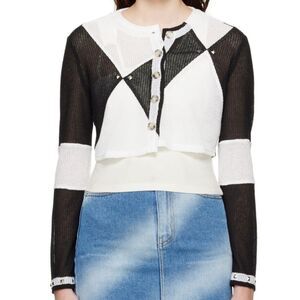 Kijun Black & White Mono Geometric Print Cropped Cardigan w Gold Studs Ssense
